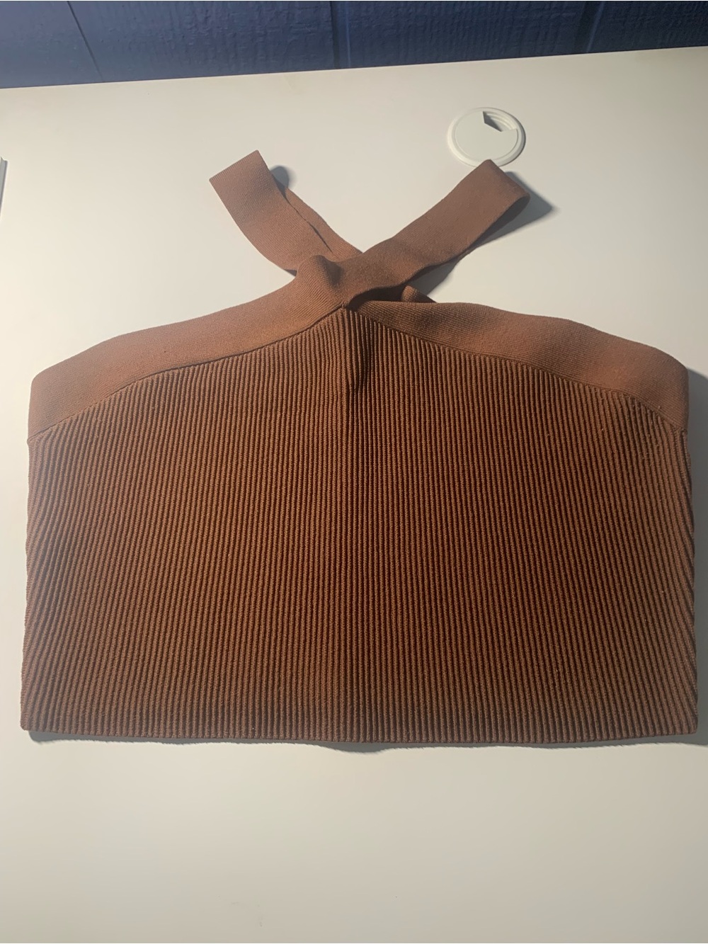 Babaton Brown Cross-Strap Ribbed Crop Top